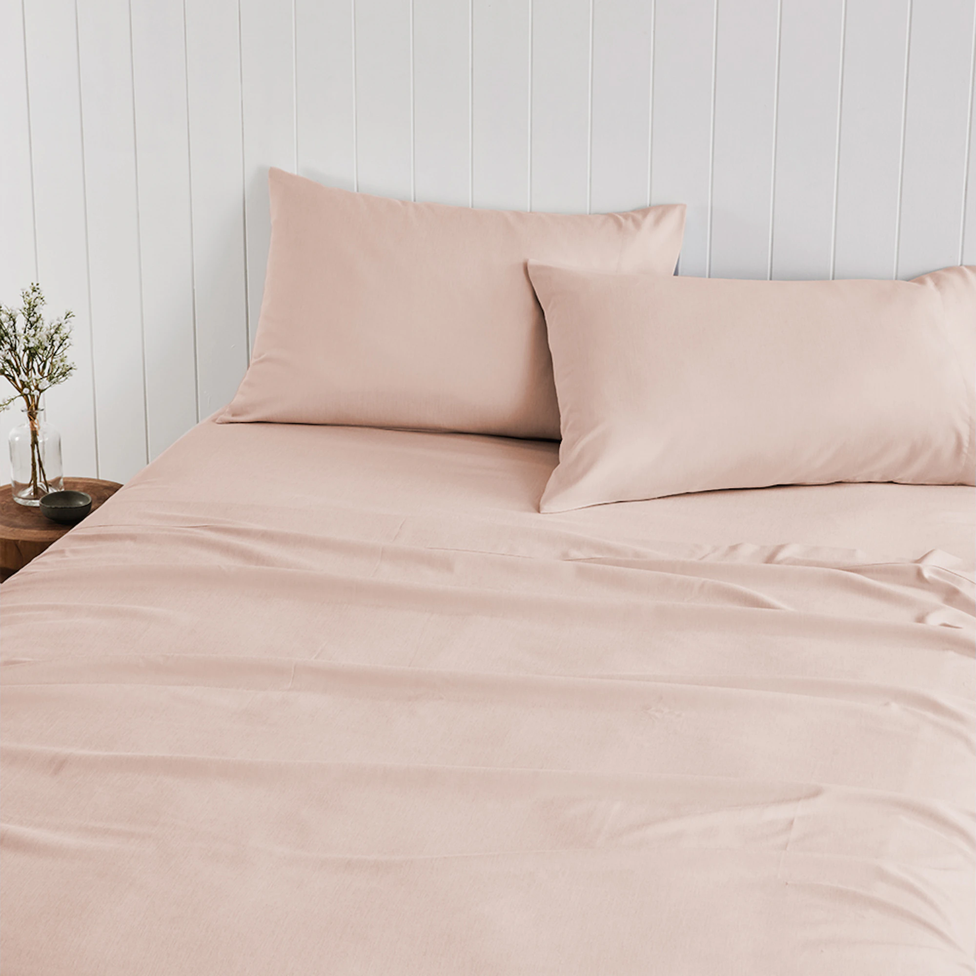 Adorn Bamboo Blend Sheet Set Nude with soft nude-toned fitted sheet and matching pillowcases styled on a neatly made bed