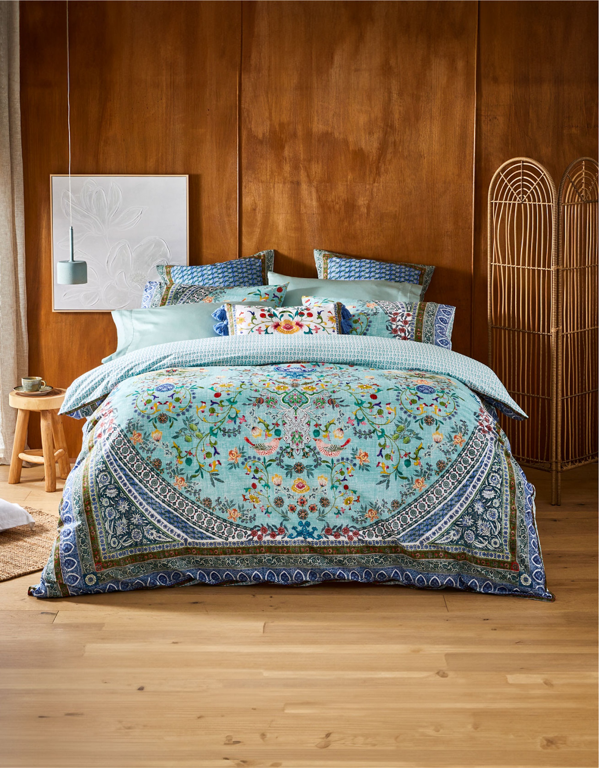 MyHouse Blue Patterned Quilt Cover with 2 Pillows, Cushions, Wall Art