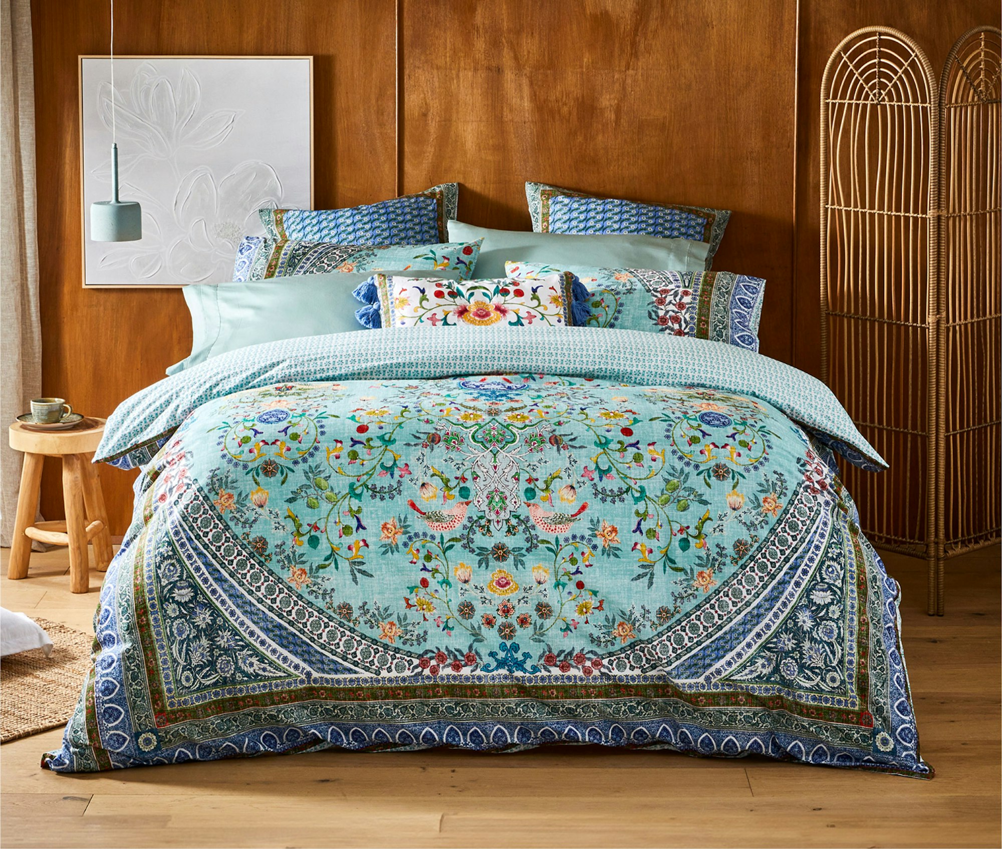 MyHouse Blue Patterned Quilt Cover with 2 Pillows, Cushions, Wall Art