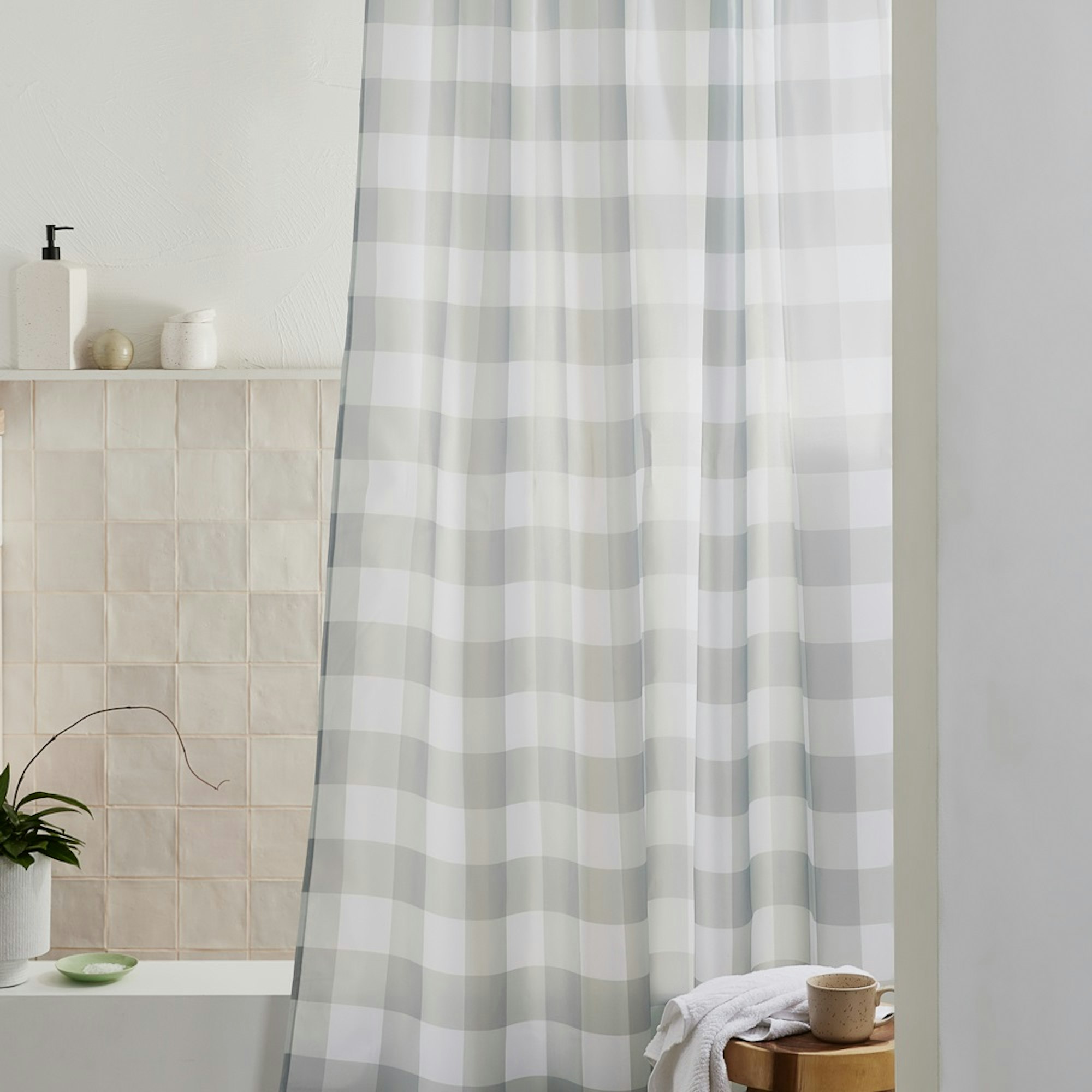 Green and white gingham shower curtain