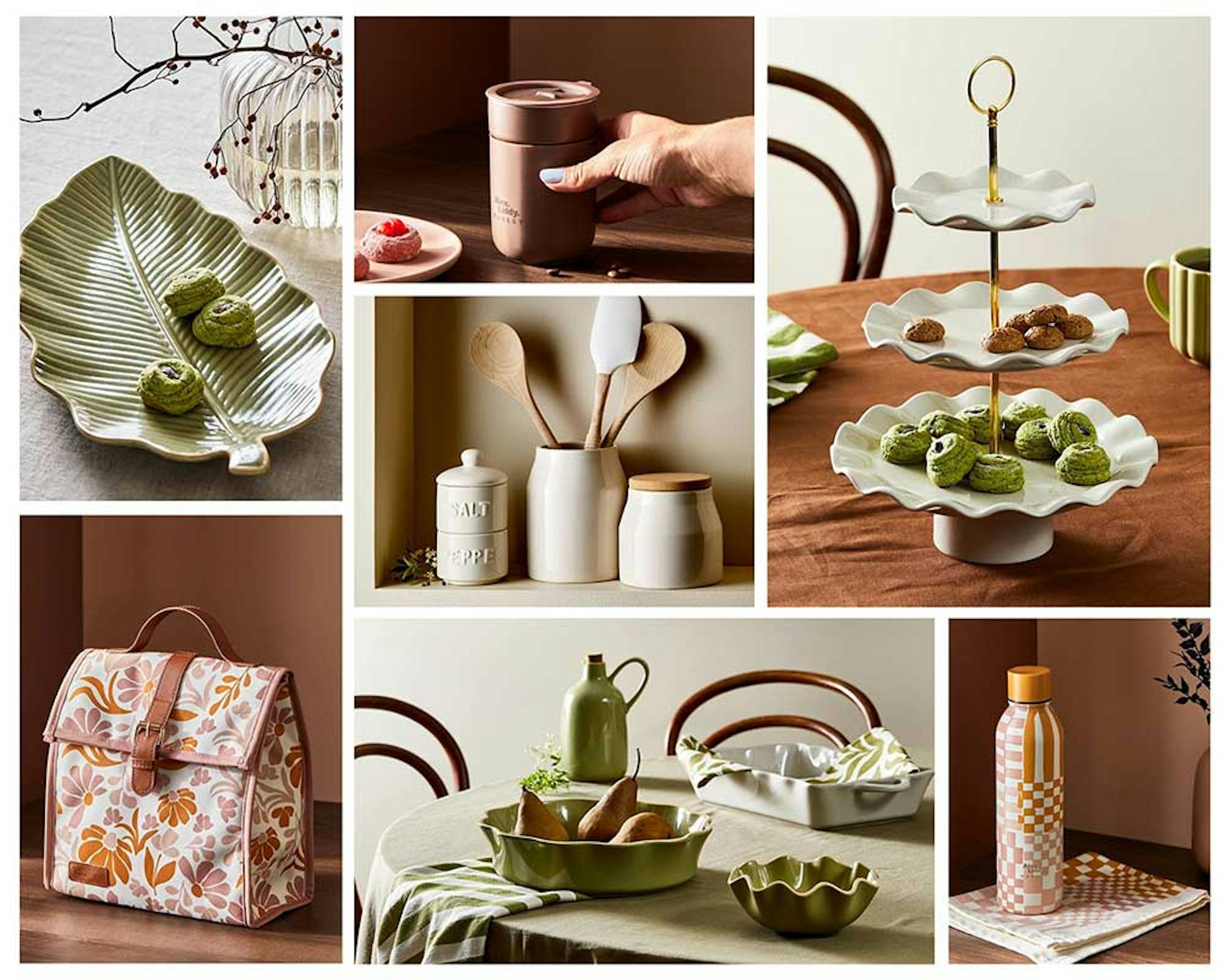 Alex Liddy Harley Collection, Mother's Day 2024. Collage of images with servingware, bakeware, and adult lunch bag gift ideas.