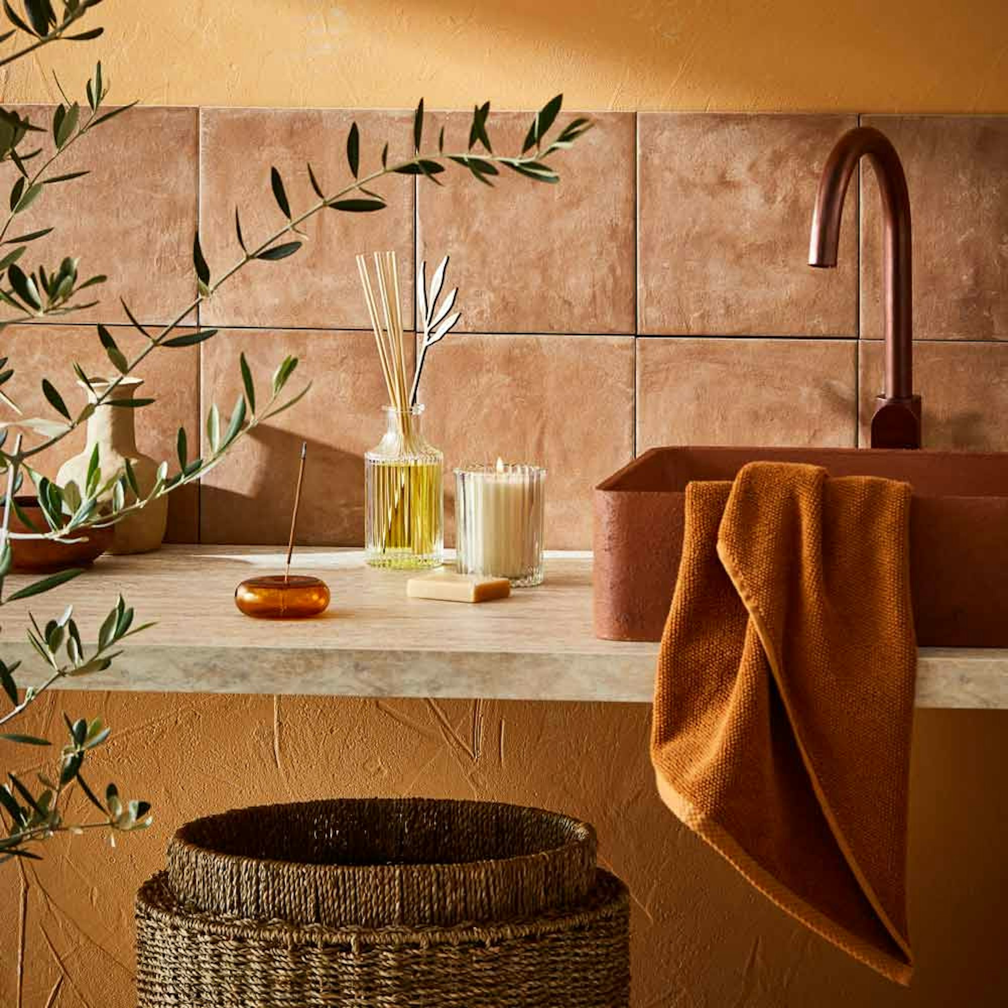 MyHouse Flora Diffuser and MyHouse Flora Candle. Mother's day gift guide. bathroom sink with diffuser, candle and insence display.
