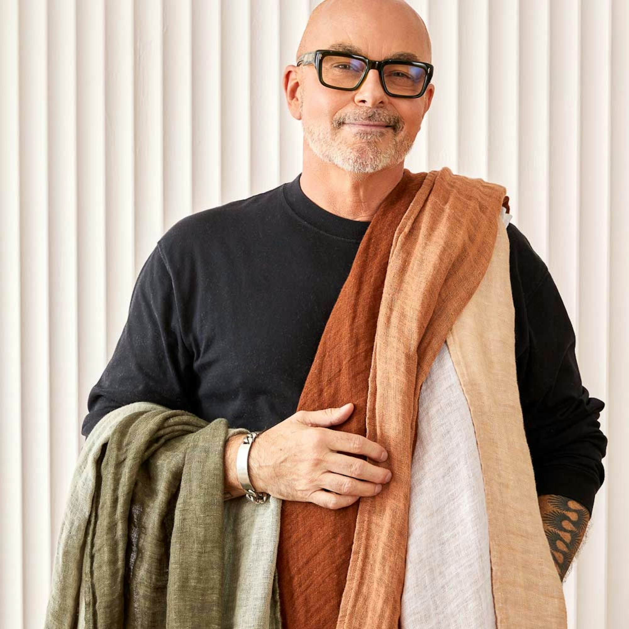Neale Whitaker draped with linen throws