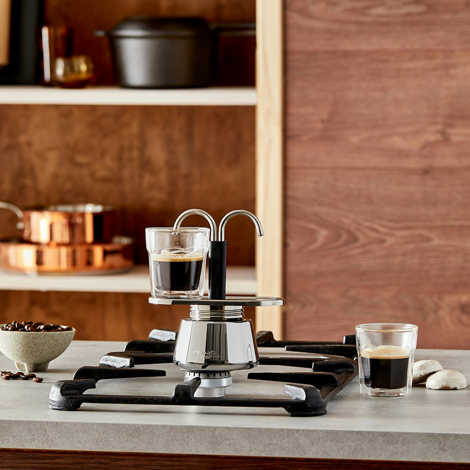 Gifts for coffee and tea enthusiasts - Christmas Gift Guide 2023 Robins Kitchen. Espresso maker on stovetop with filled espresso glasses.