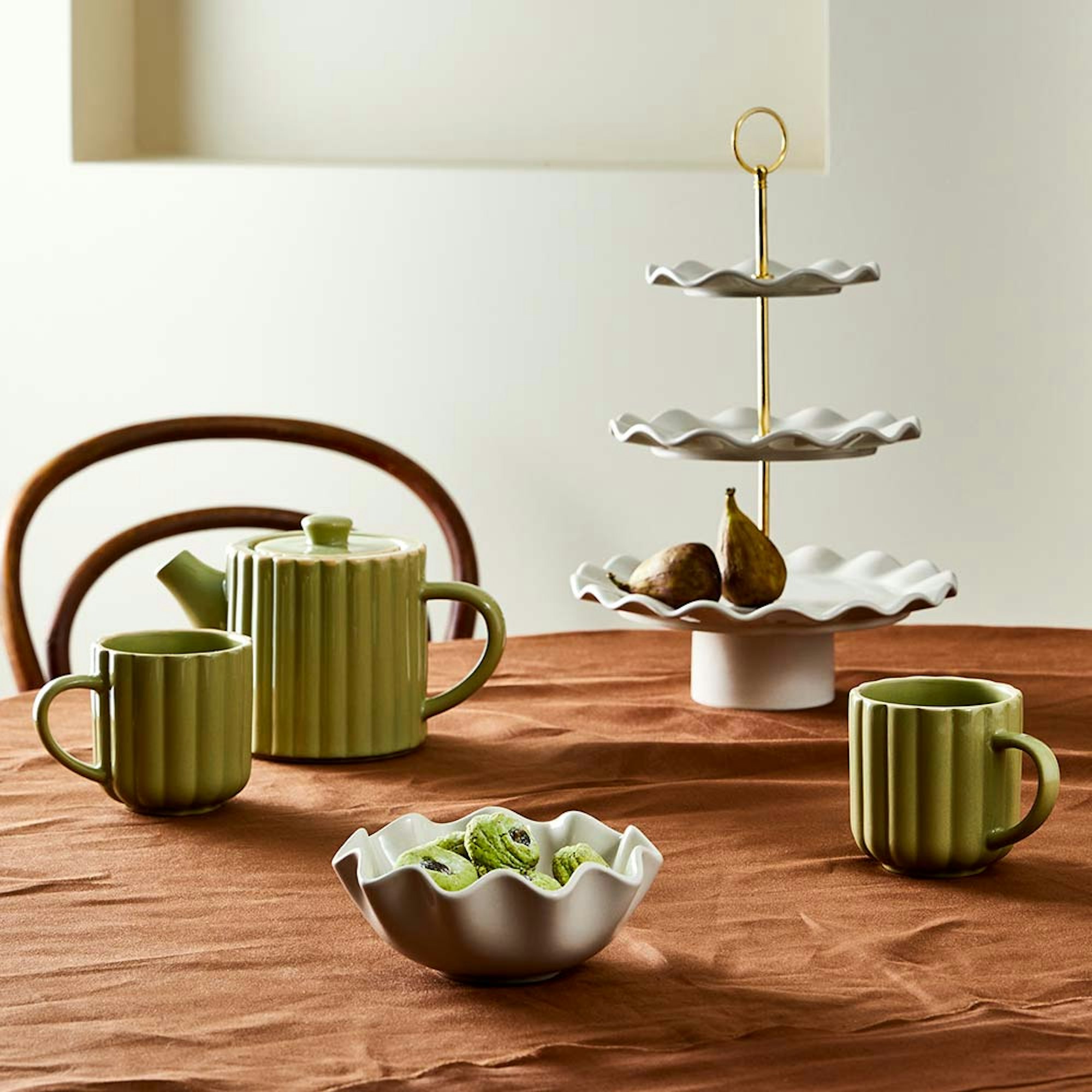 Mother’s Day Gift Guide 2024 | Robins Kitchen. high tea setting on a table in sage green, white and brown.