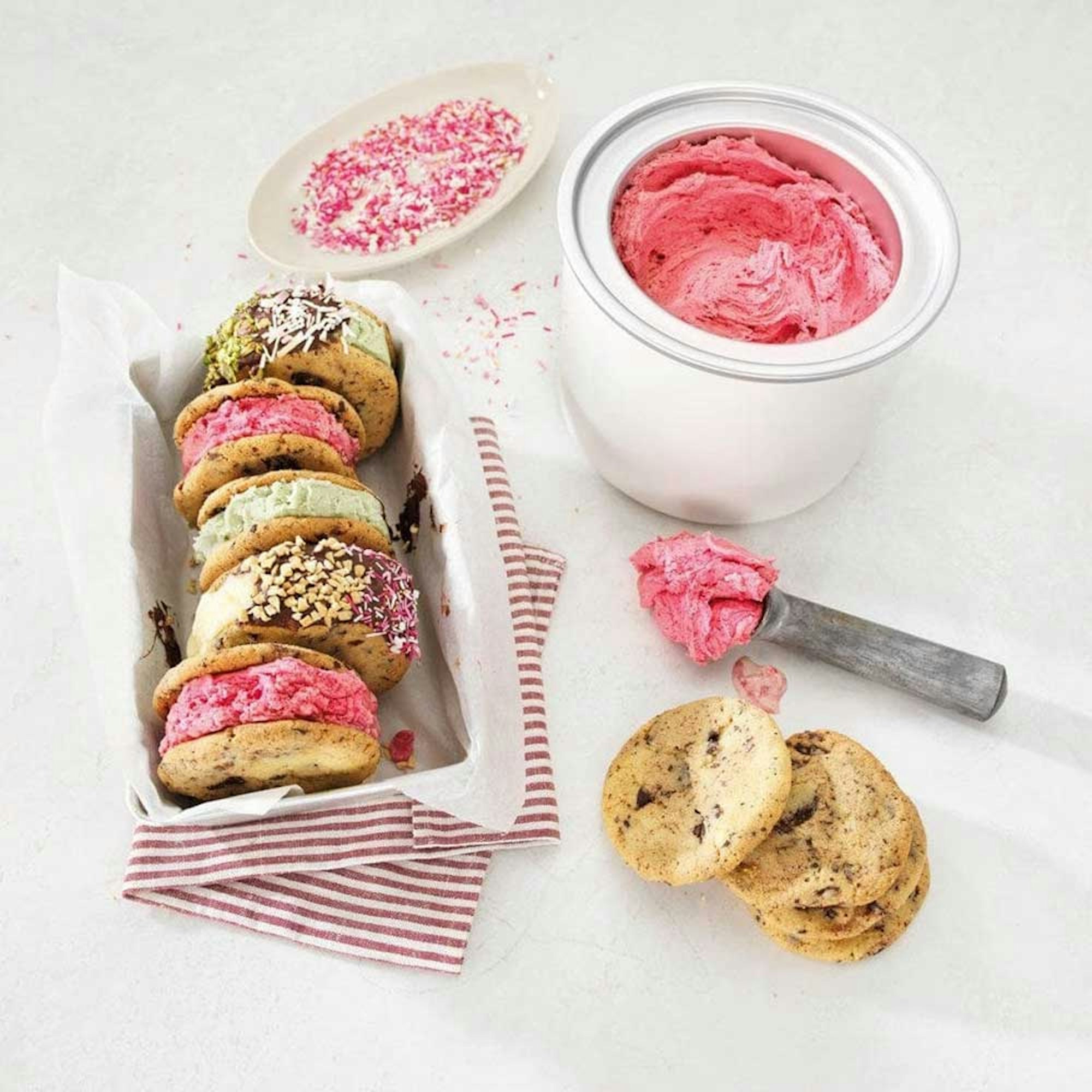 How to make Summer Desserts at Home? Robins Kitchen log. ice cream sandwiches with strawberry ice cream tub and cookies