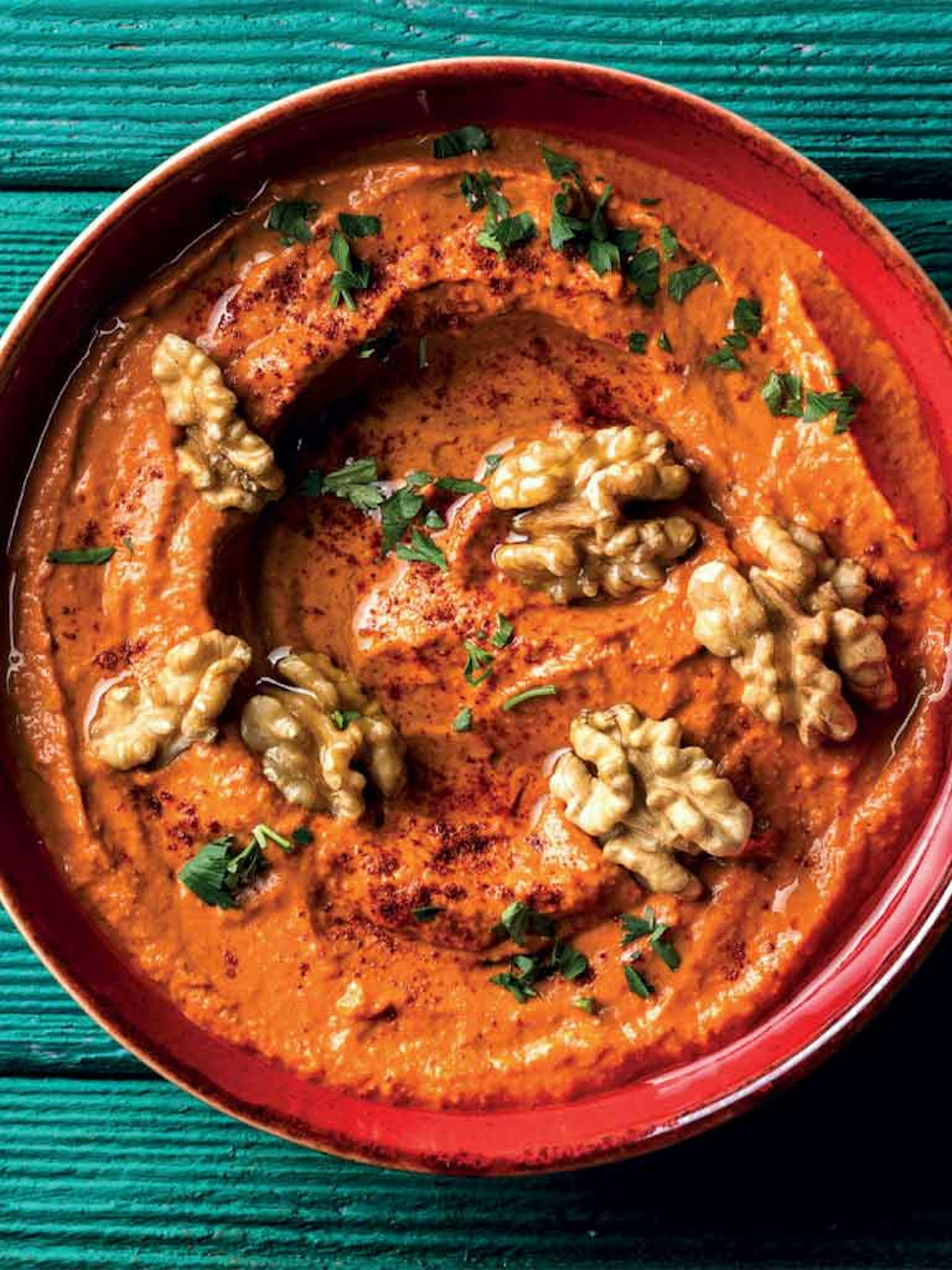 Food Processor Muhammara recipe. Roasted Red Pepper and Walnut Dip. 