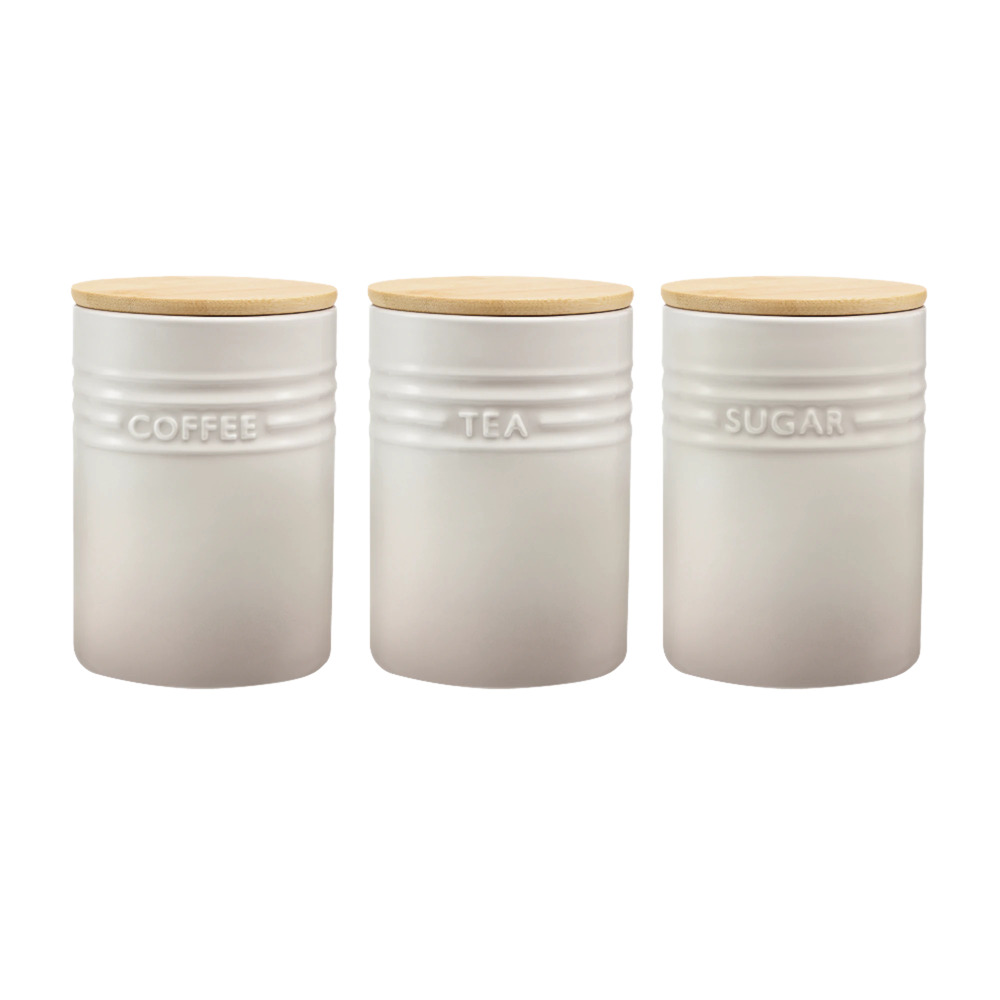 Baccarat Le Connoisseur Canister Set of 3 in cream, featuring coffee, tea and sugar storage canisters with bamboo lids and embossed labels