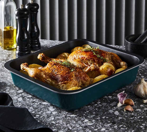 Bessemer Collection. Bessemer Baking Tray with roast chicken and potatoes on a kitchen bench