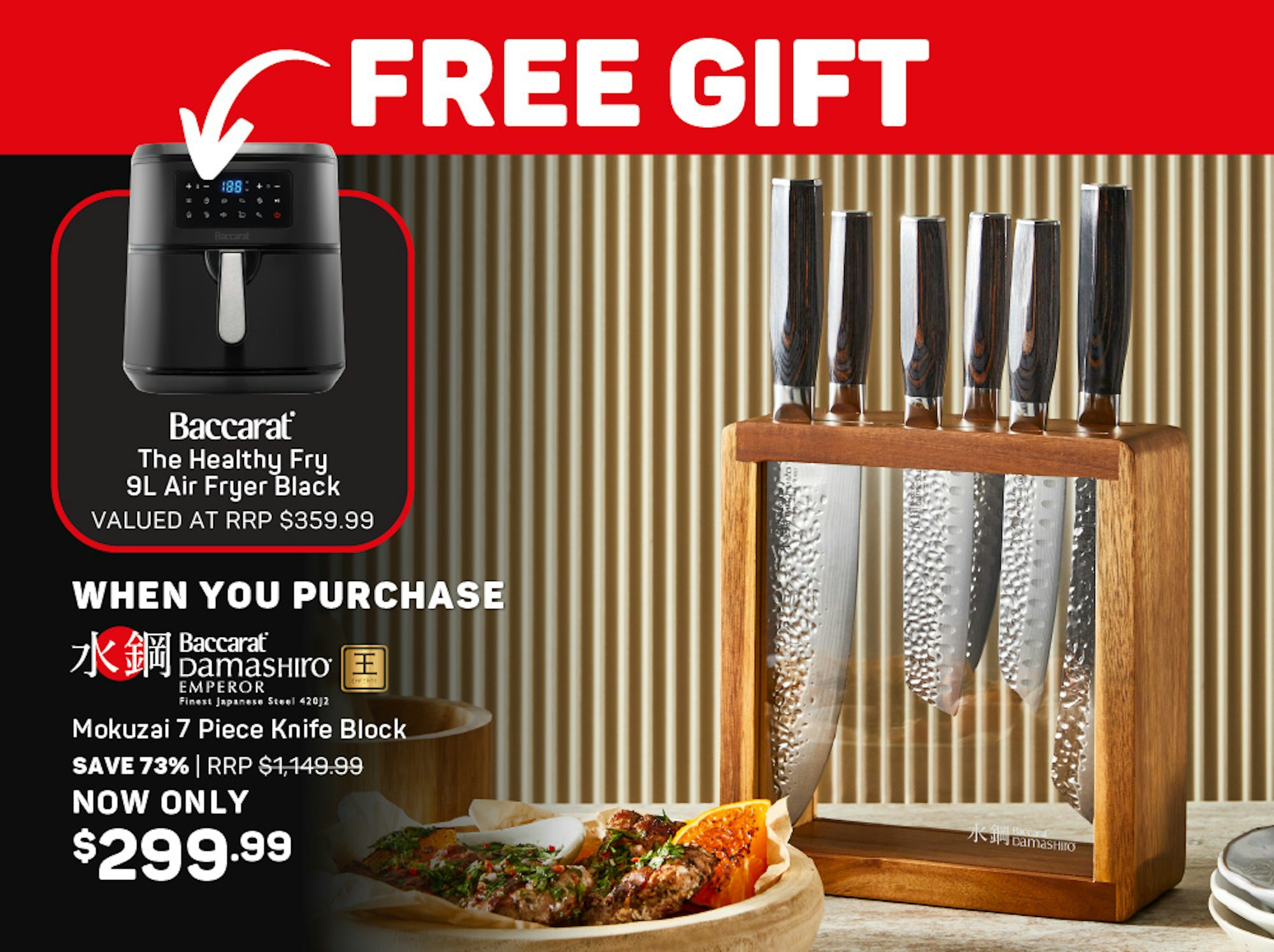 Free Baccarat The Healthy Fry 9L Air Fryer Black When You Purchase Baccarat Damashiro EMPEROR Mokuzai 7 Piece Knife Block
