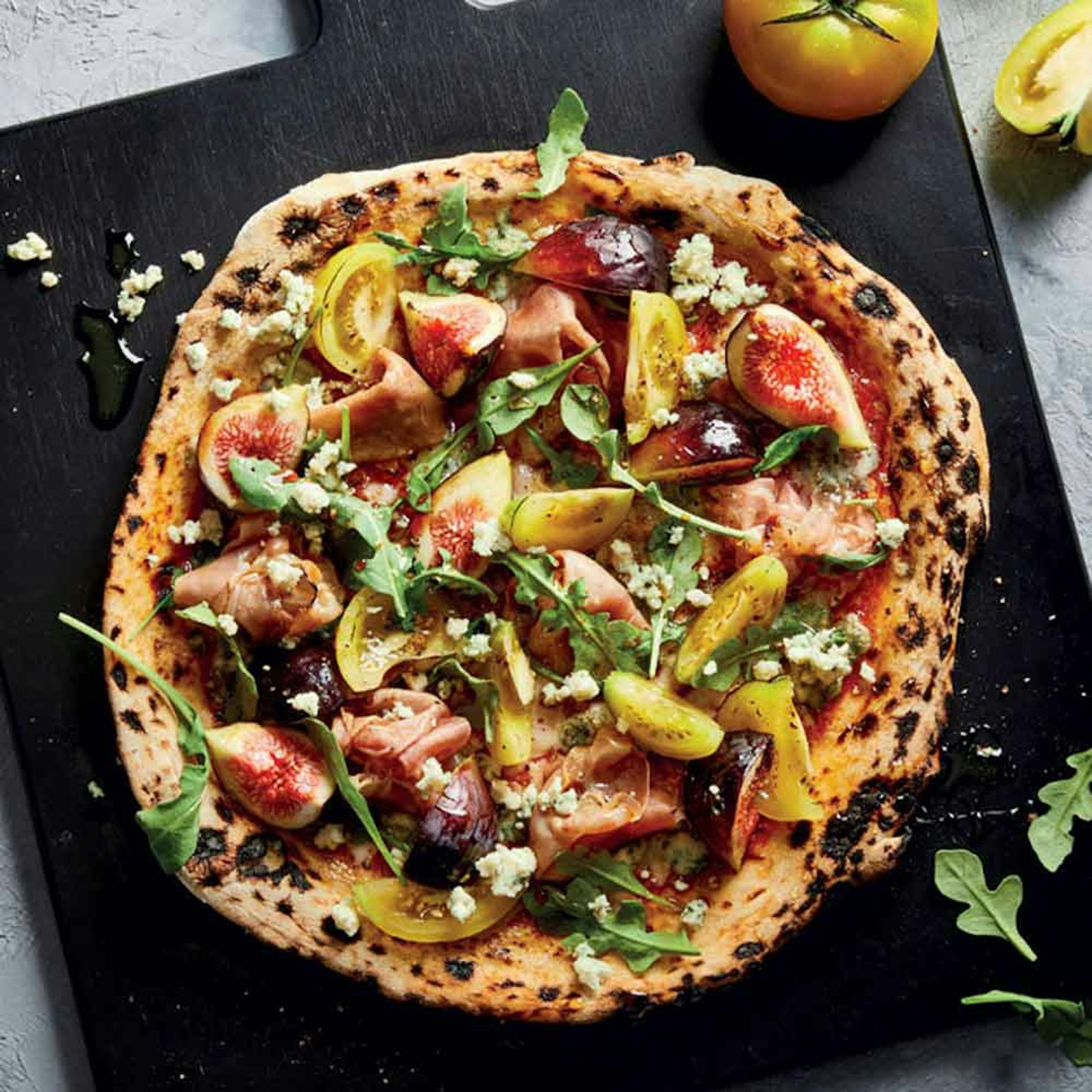 Pizza Oven Prosciutto, Fig and Green Tomato Pizza recipe | Robins Kitchen blog