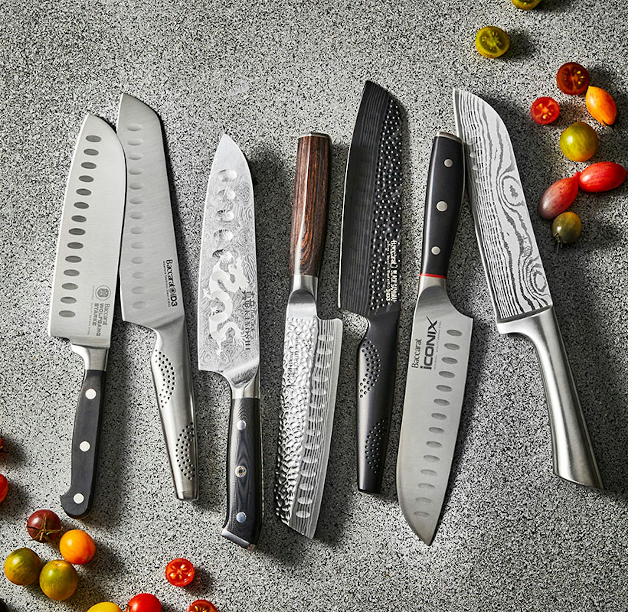 Different knives placed on benchtop