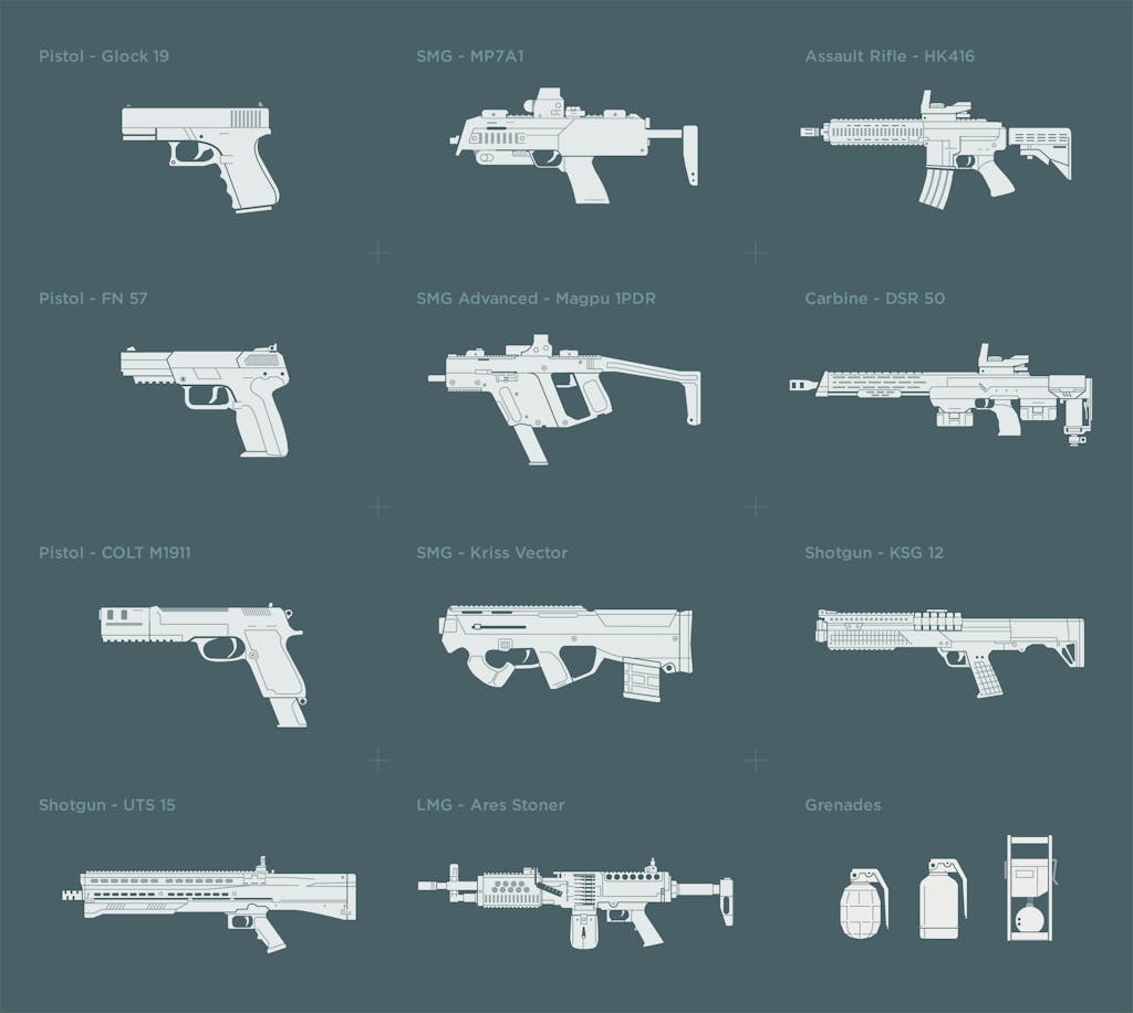 Vector weapon illustrations for Quantum Break inventory — detailed yet lightweight visuals optimized for performance and readability.