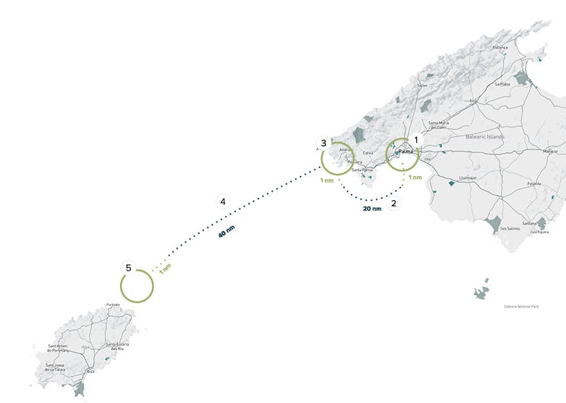 Route map from Palma de Mallorca to Ibiza