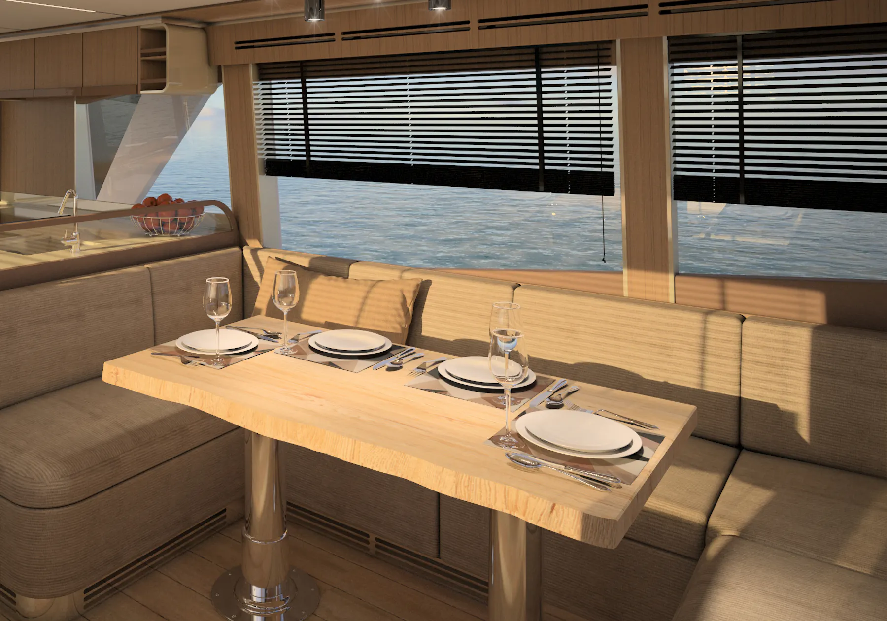 Greenline 58 Coupe natural wood table