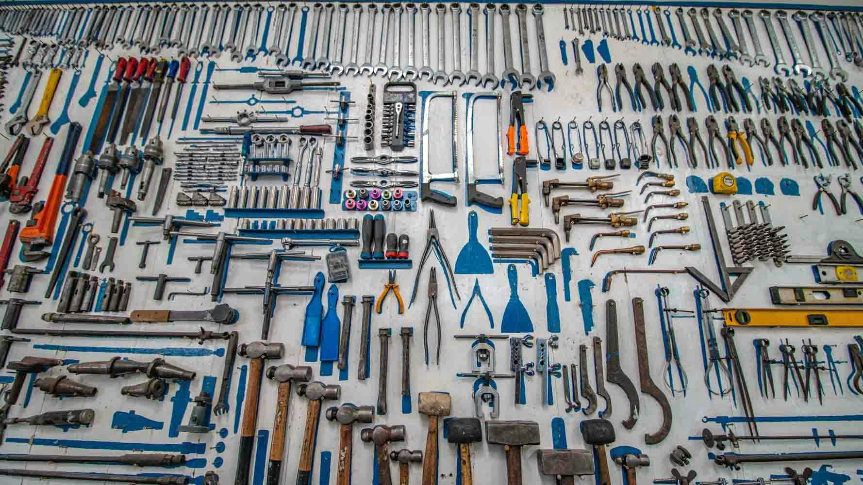 Handheld tool lot on a large table