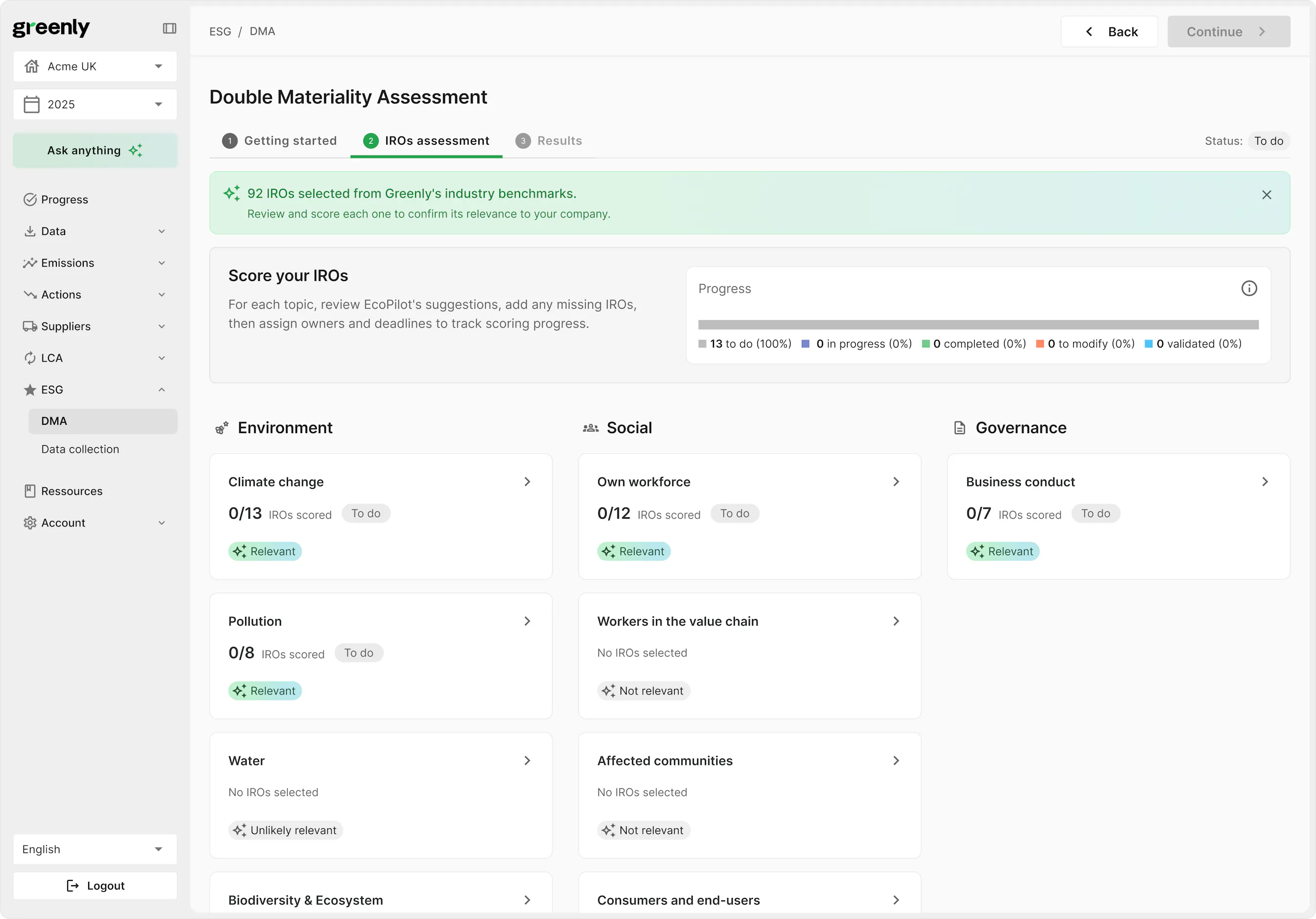 Greenly's Double Materiality Assessment dashboard showing IROs scoring across Environment, Social, and Governance topics for CSRD compliance