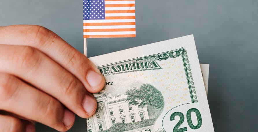 person holding $20USD and US flag
