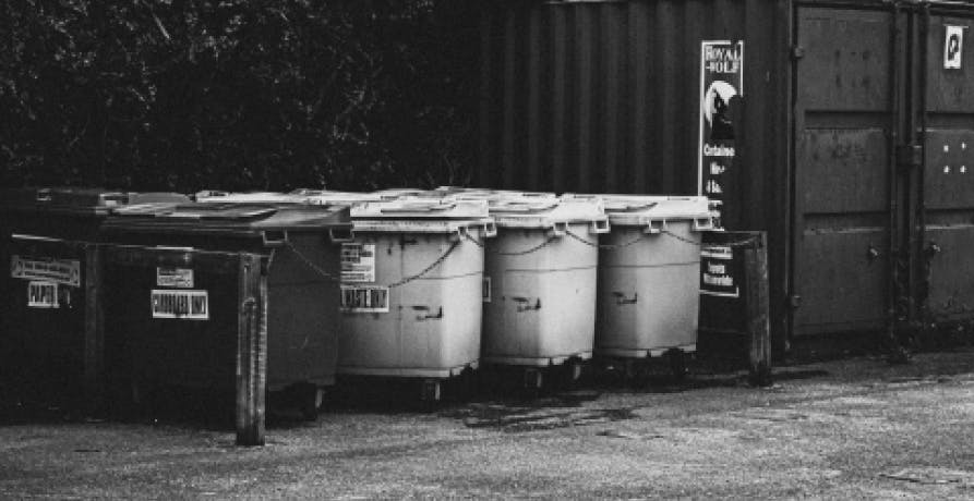 photo en noir et blanc montrant plusieurs poubelles dans la rue