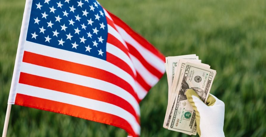 american flag and someone holding USD bills with gloves against grass