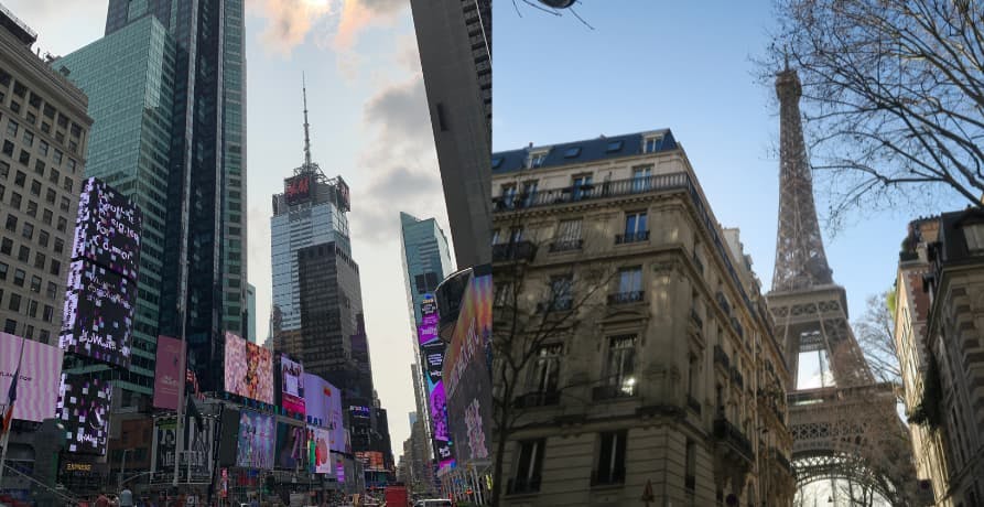 view of times square in new york city vs. eiffel tower in paris