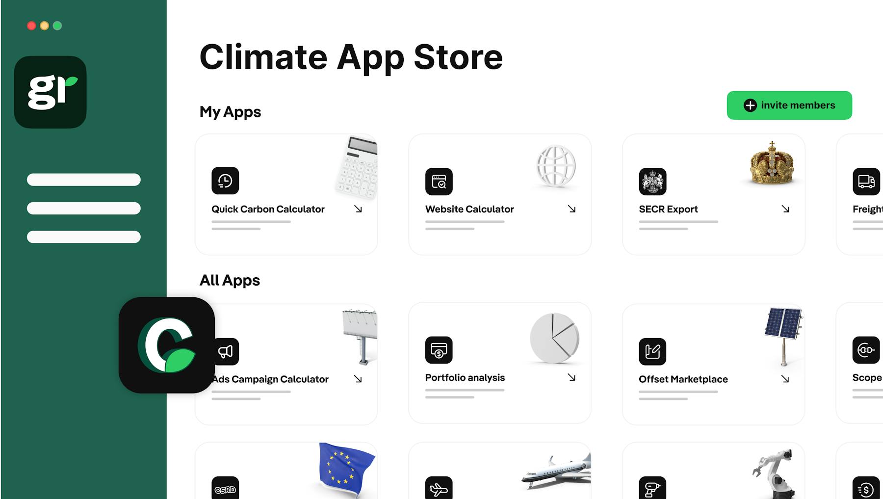 Greenly's Climate App Store homepage