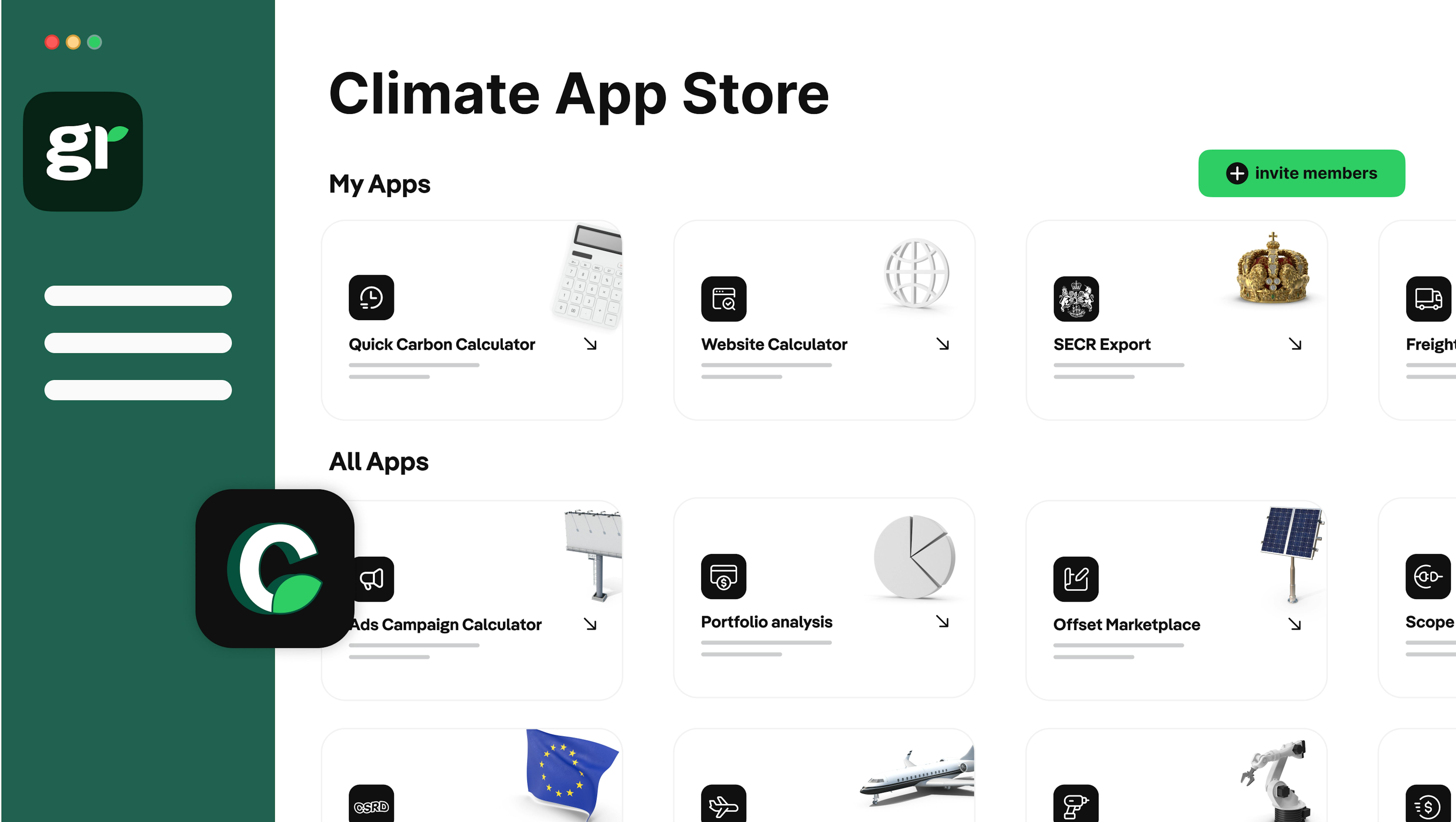 Greenly's Climate App Store homepage