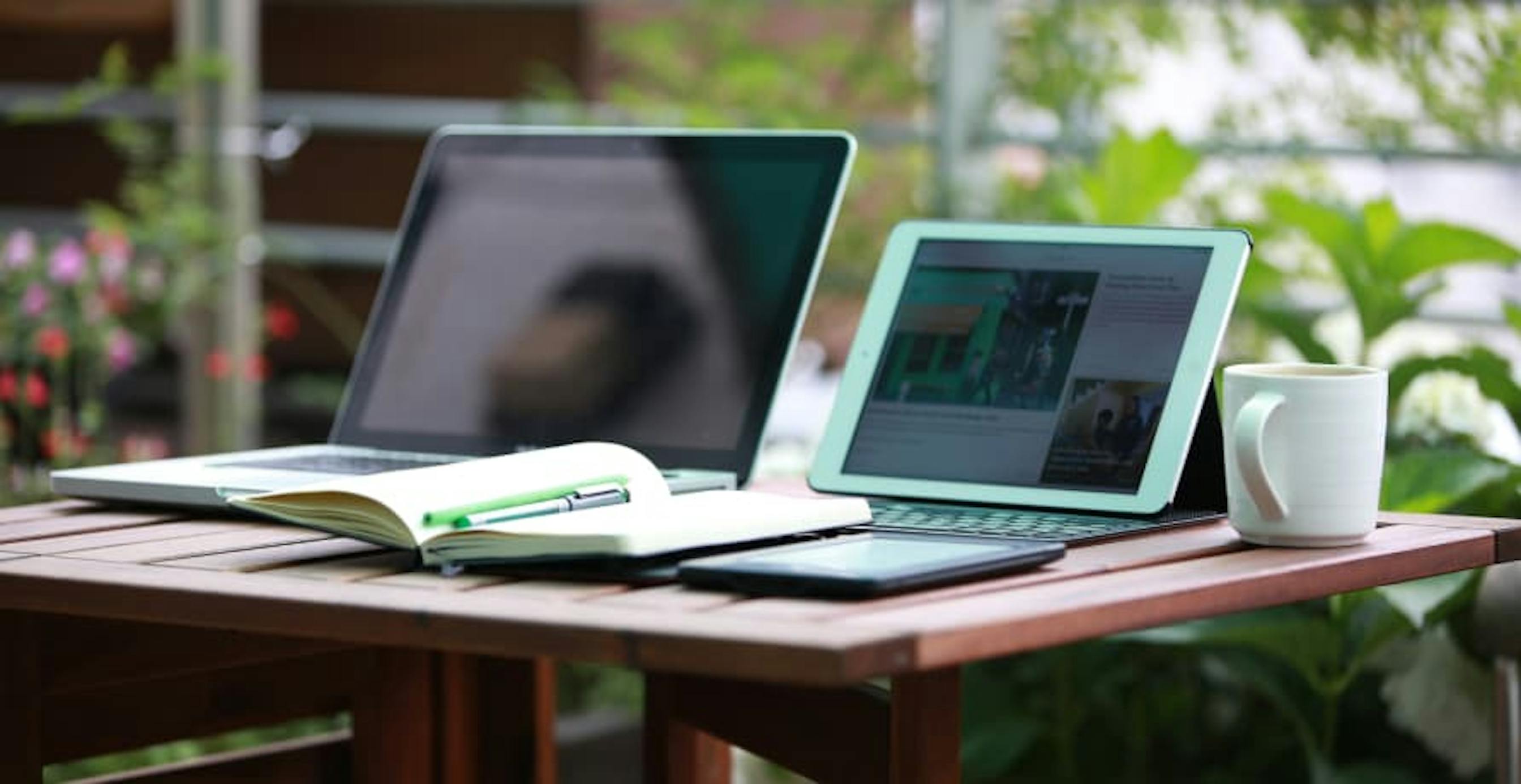 computer work space with plants