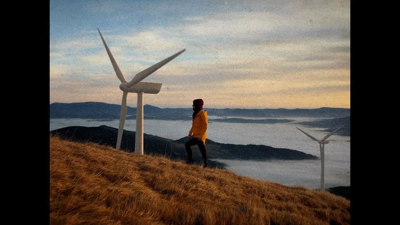 person near lake with wind turbines