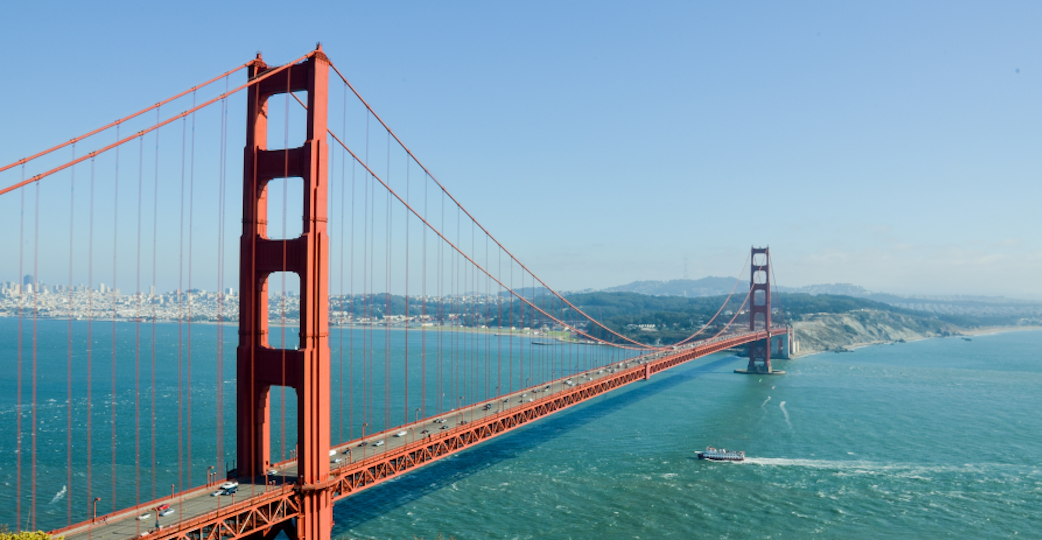 Golden gate bridge on clear day with marin background