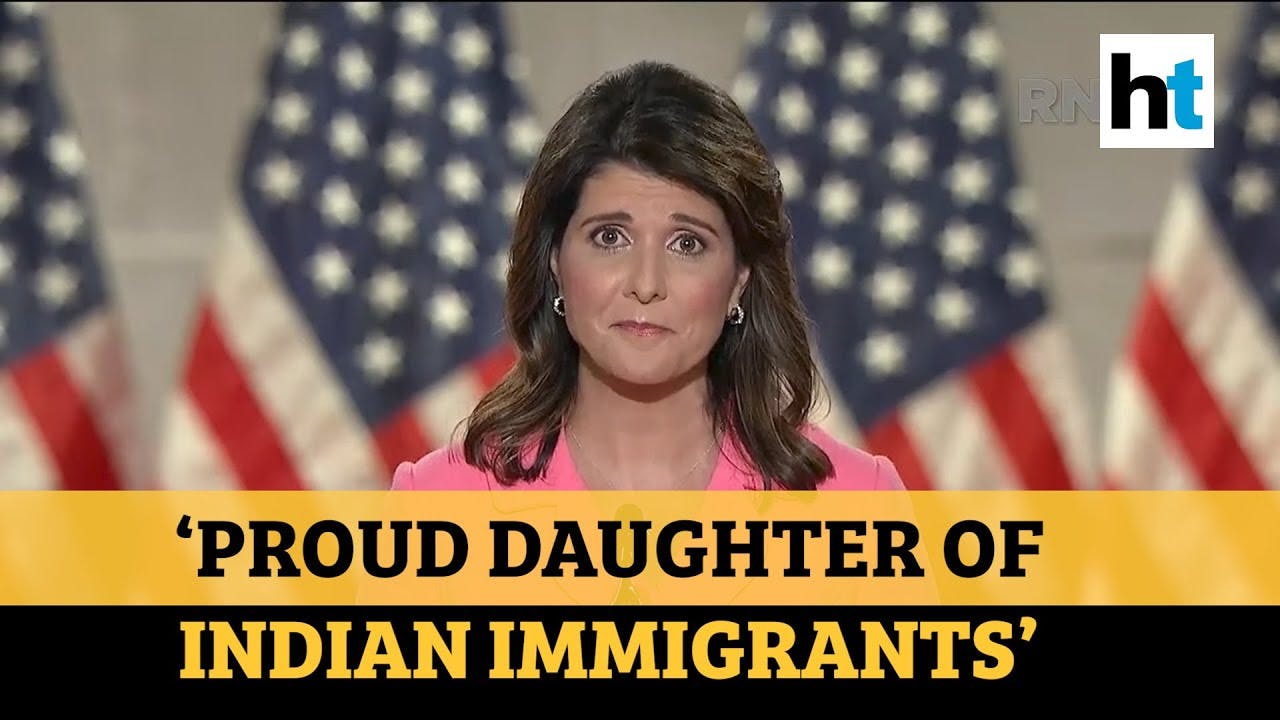 nikkii haley with american flags behind with, "proud daughter of inidian immigrants"