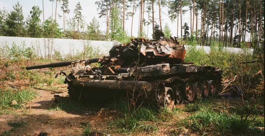 Forest and scrub land with war tank
