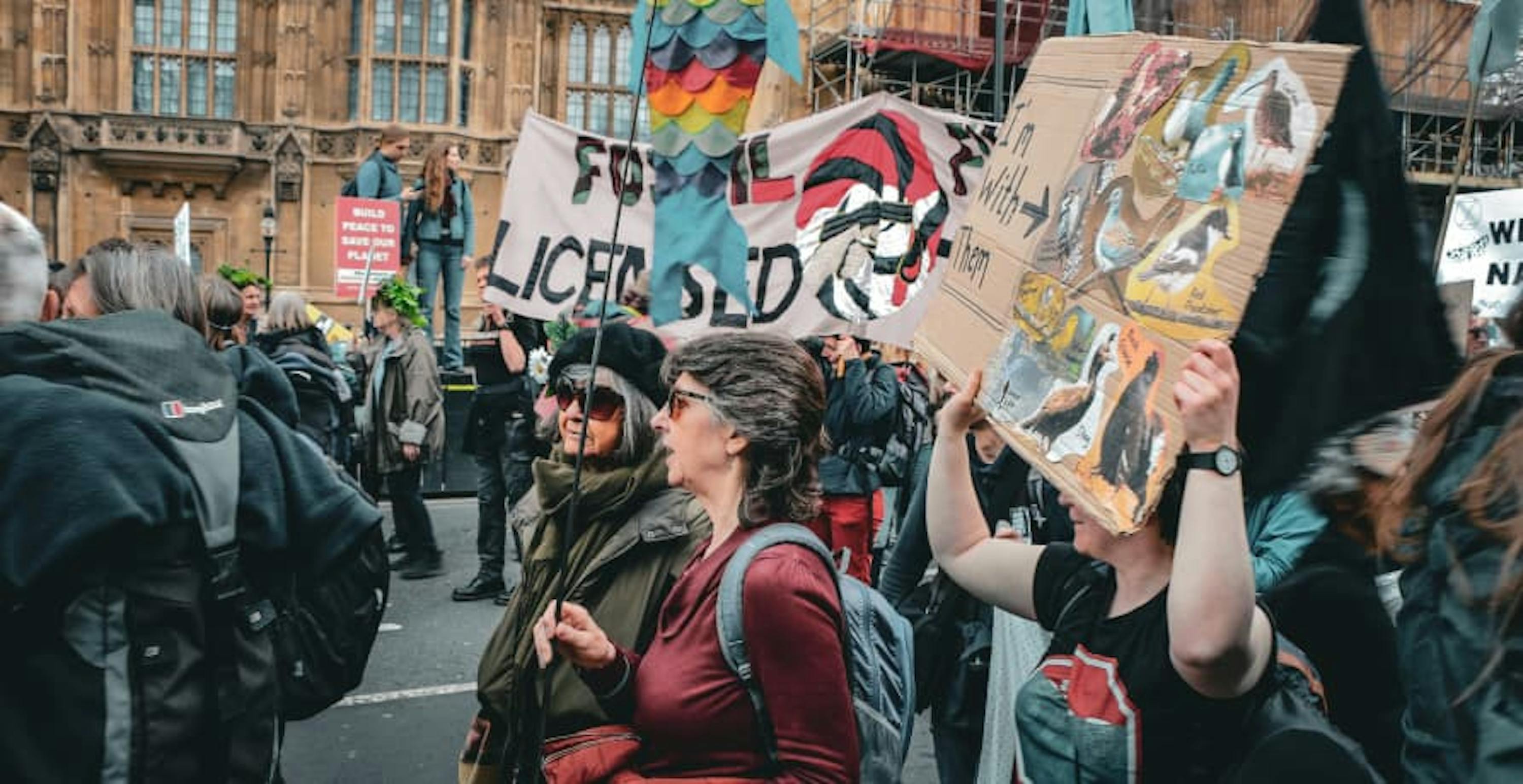 protesters holding climate change banners and marching down a street