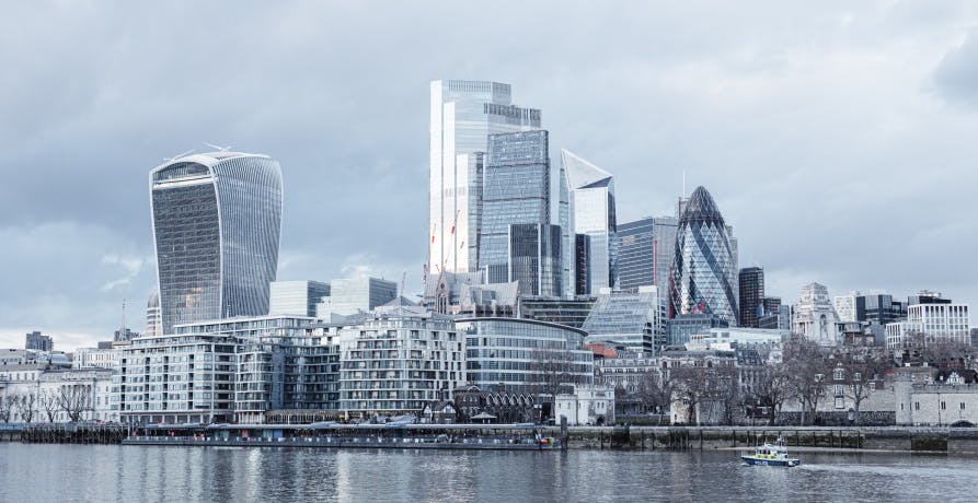 View of the city of London banking district across the Thames