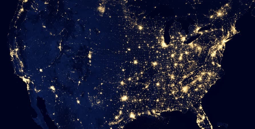 us cities map lit up at night