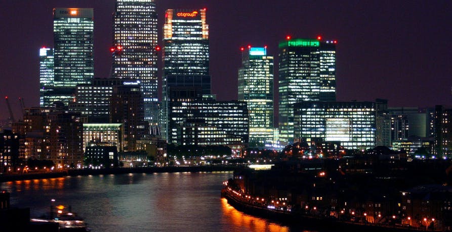 City of London skyscrapers lit up at night
