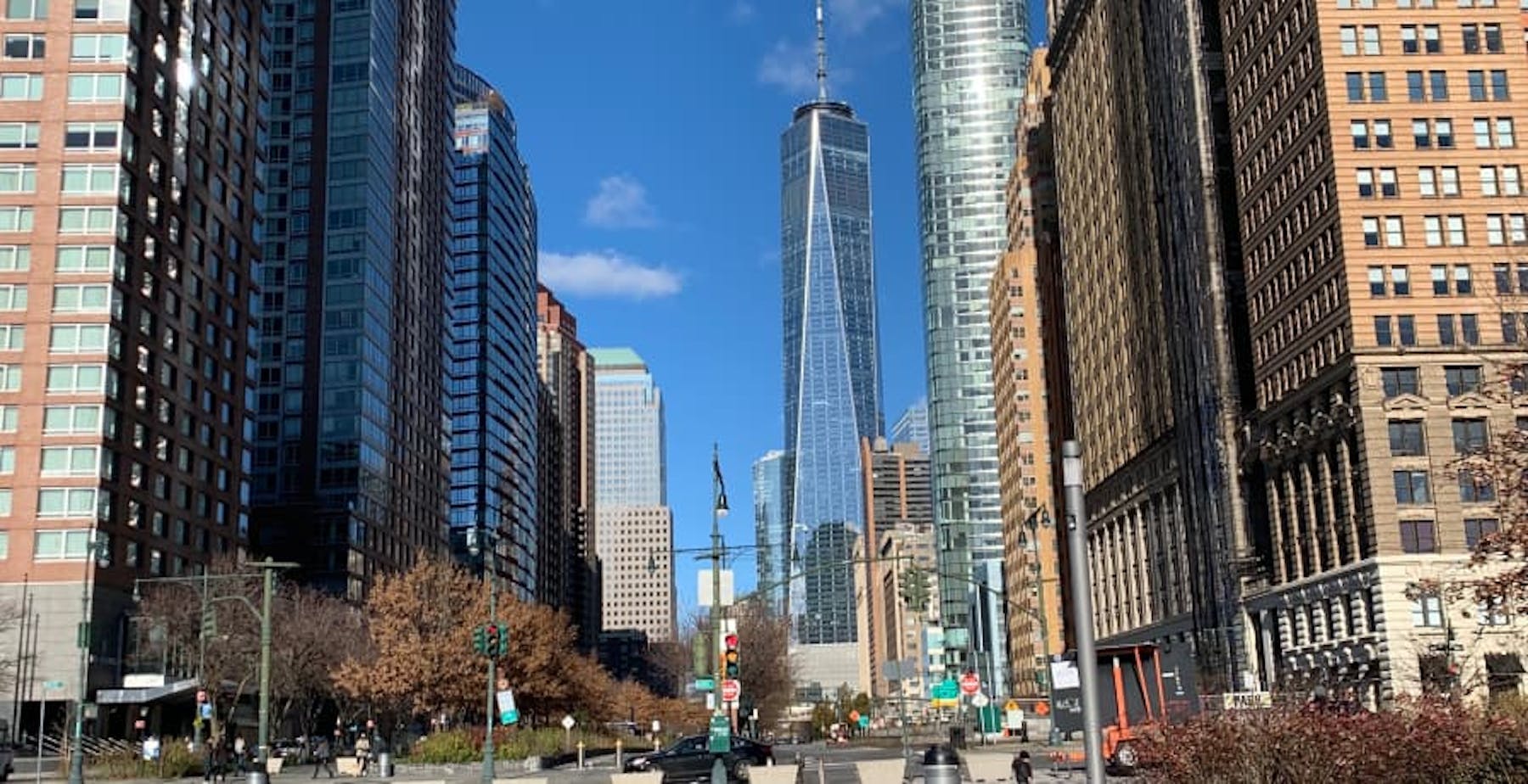 view of one world trade center from battery park