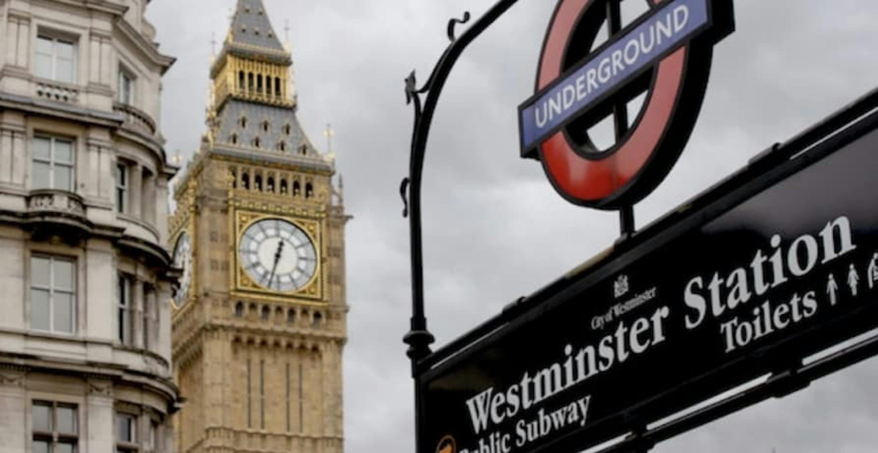 Westminster tube station with Westminster in the background