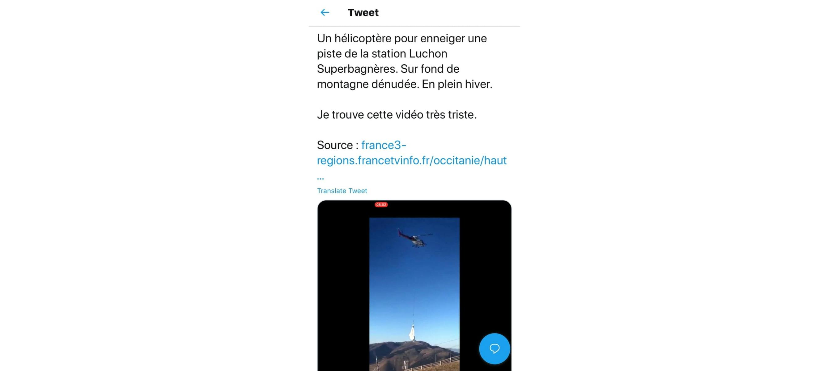 tweet un hélicoptère pour enneiger une piste de la station Luchon superbagneres
