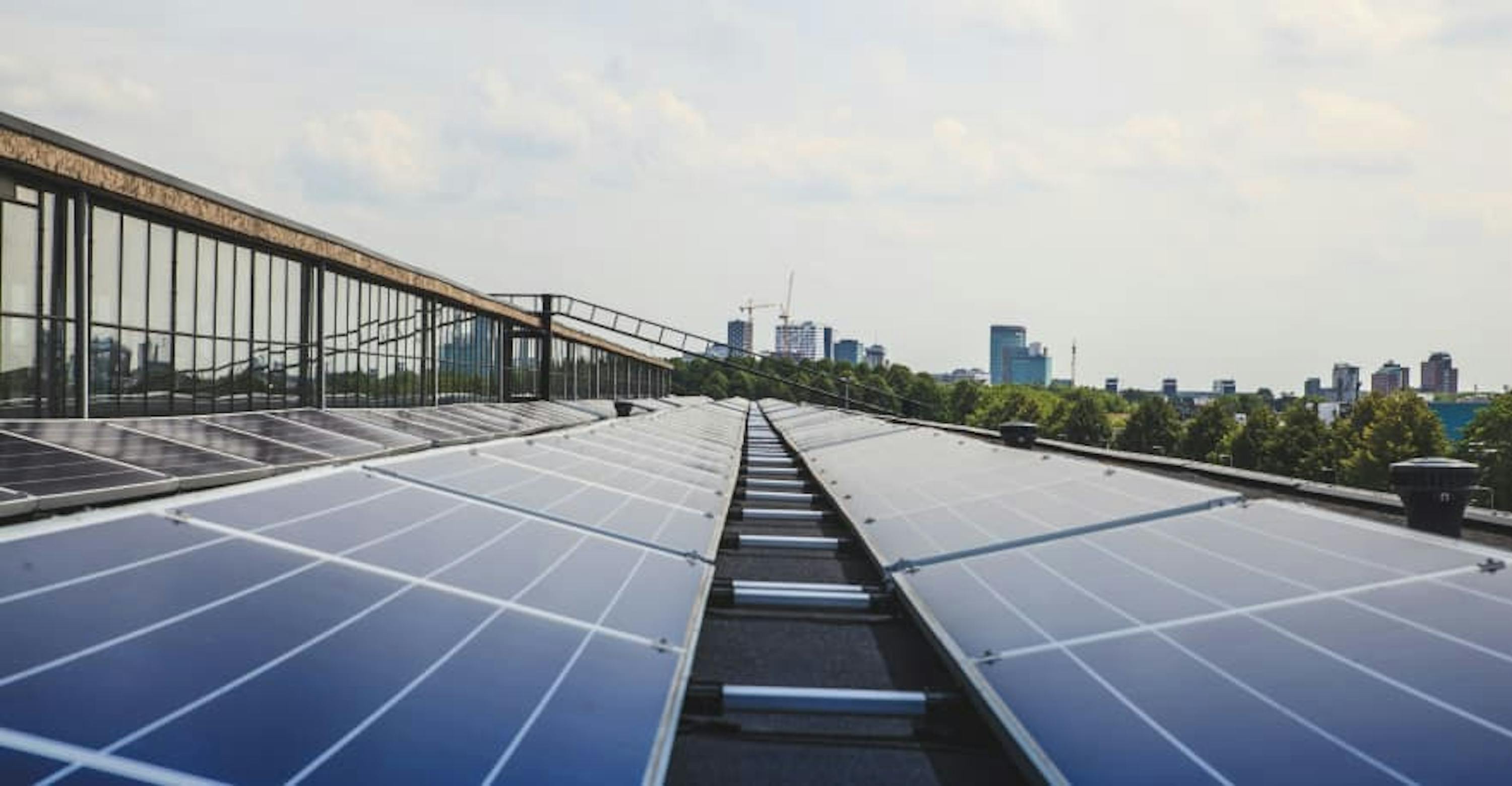 solar panels with cityscape behind