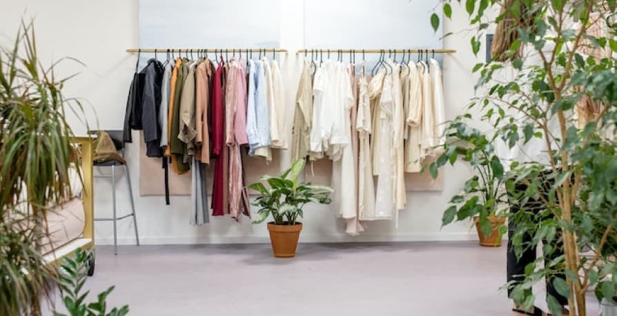 clothes on rack with plants surrounding