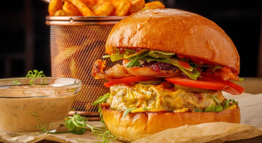 burger and fries with dip