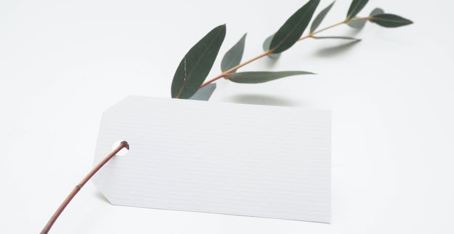 green leaf through a plain white tag