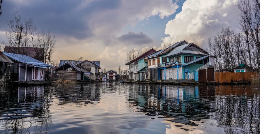 Flooded river and submerged buildings