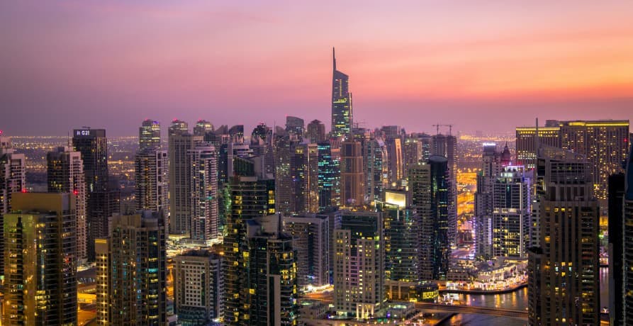 sunset view over Dubai city and skyscrapers