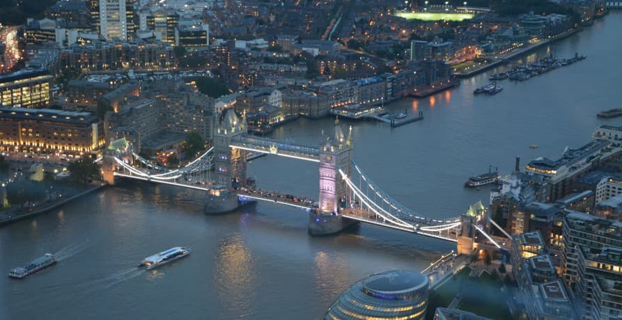 arial shot of London and the river Thames at night