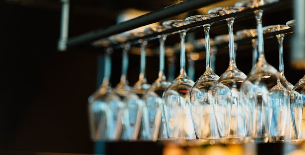 wine glasses hanging upside down
