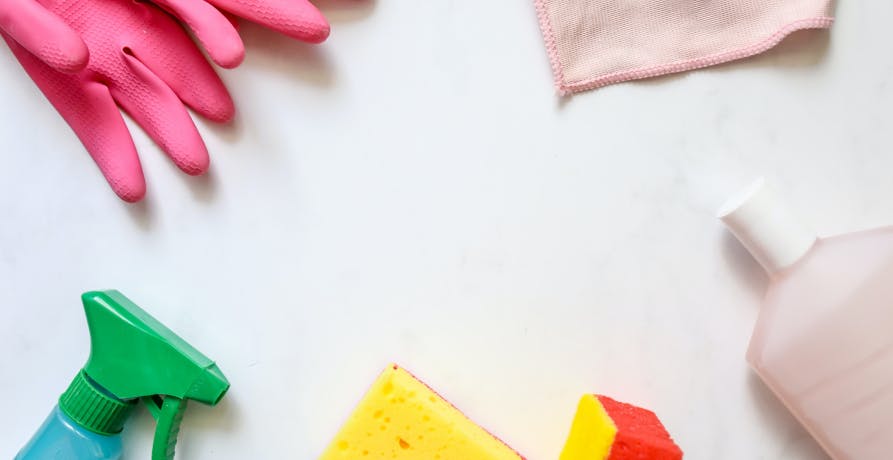 cleaning products laid out on white background