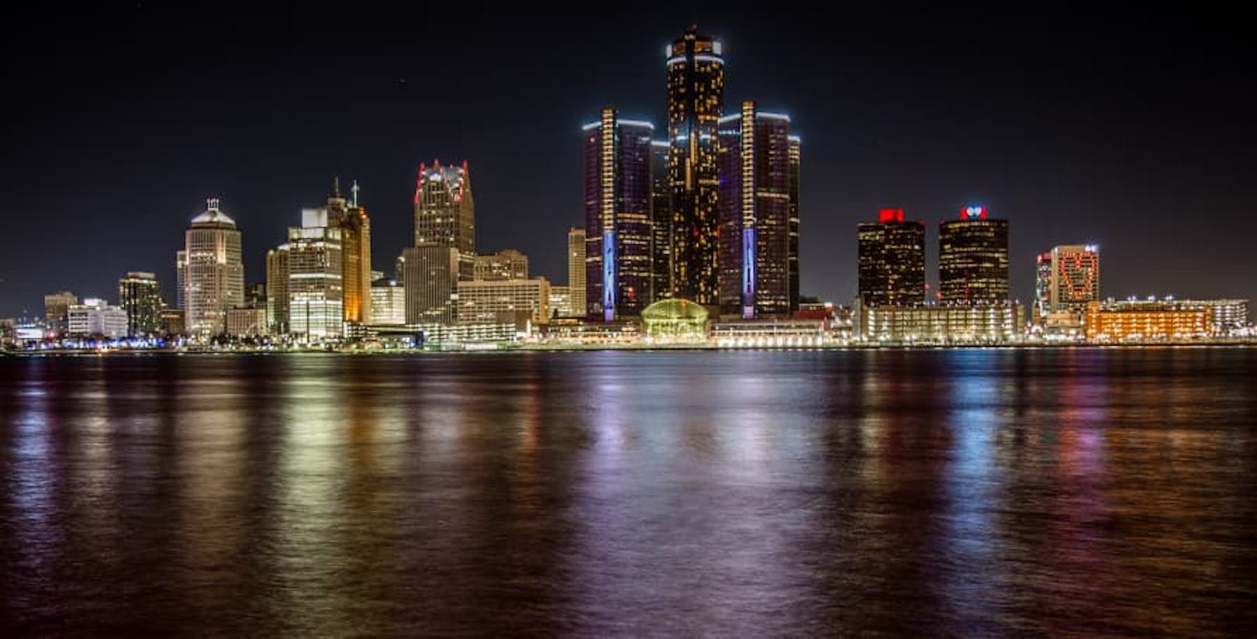 view of detroit skyline at night