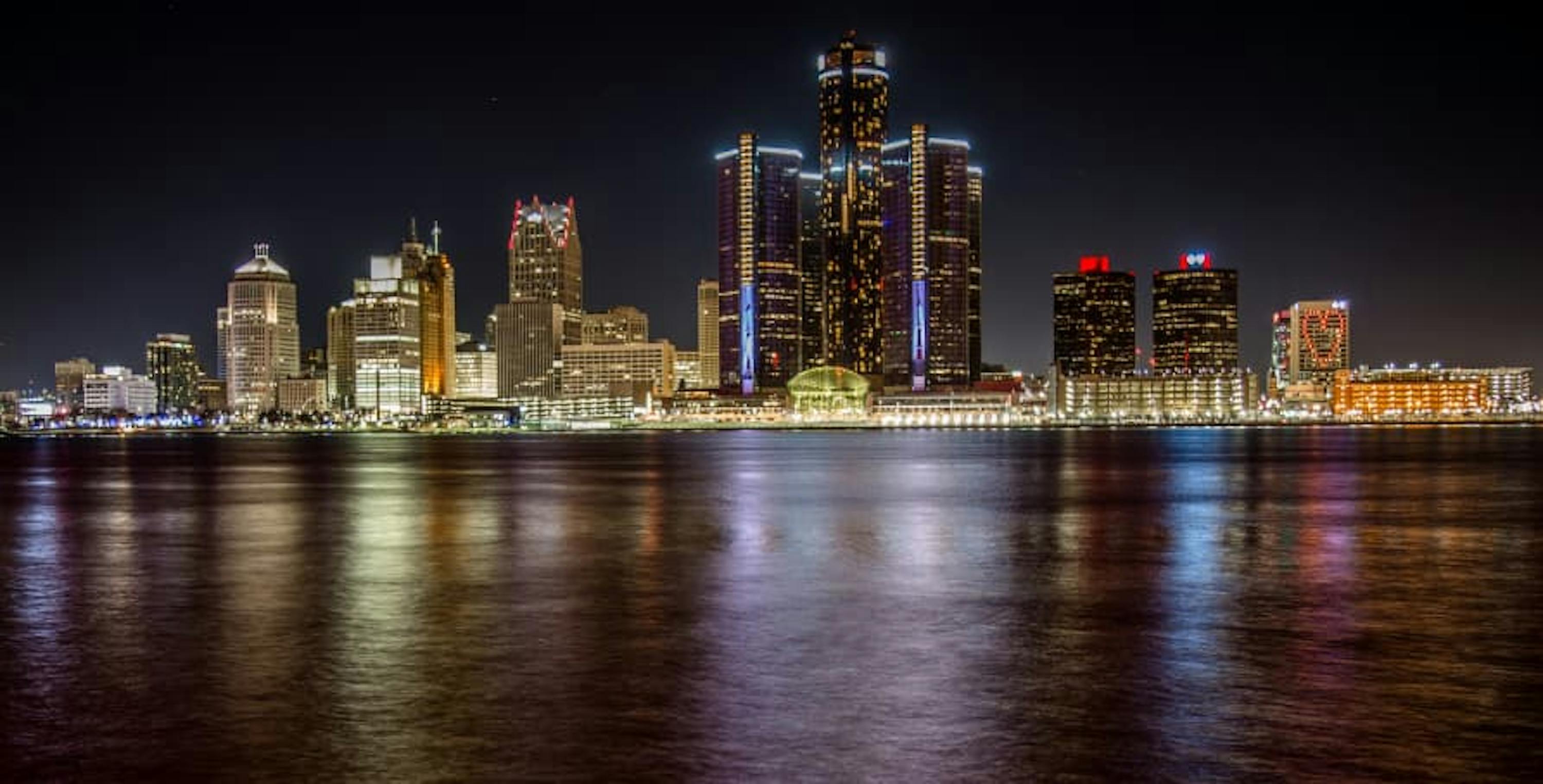 view of detroit skyline at night